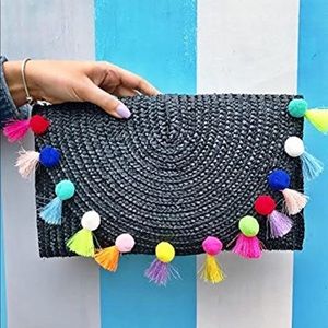 Black Straw Pom Pom Clutch